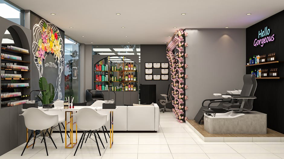 Modern hair salon interior design in Delhi featuring vibrant decor and luxurious seating arrangements.